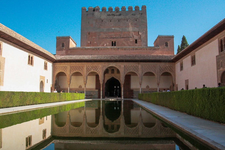 The Patio de los Arrayanes (Courtyard of the Myrtles), one of the highlights of the Nasrid Palaces at the Alhambra.