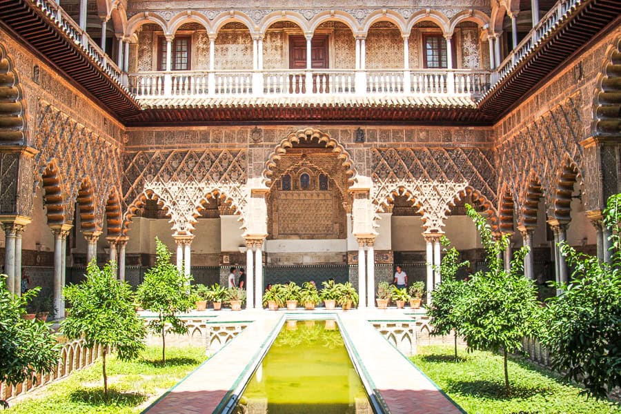 The Patio de las Doncellas at the Royal Alcázar of Seville – a top highlight of our southern Spain itinerary.