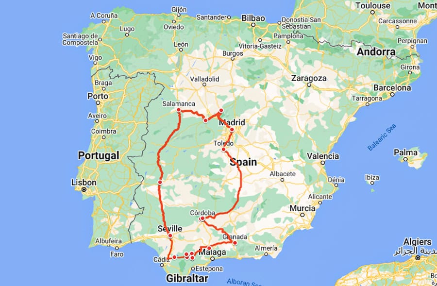 Our 1,800km 2 weeks in Spain road trip map.