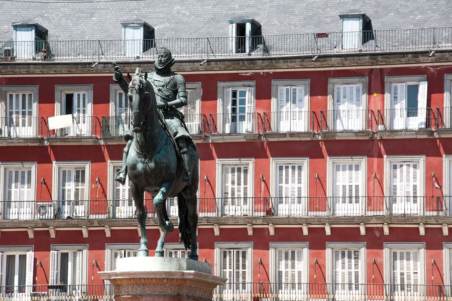 Day one of our two weeks in Spain includes a walk around Madrid, where you’ll see the statue of King Felipe III in Plaza Mayor.