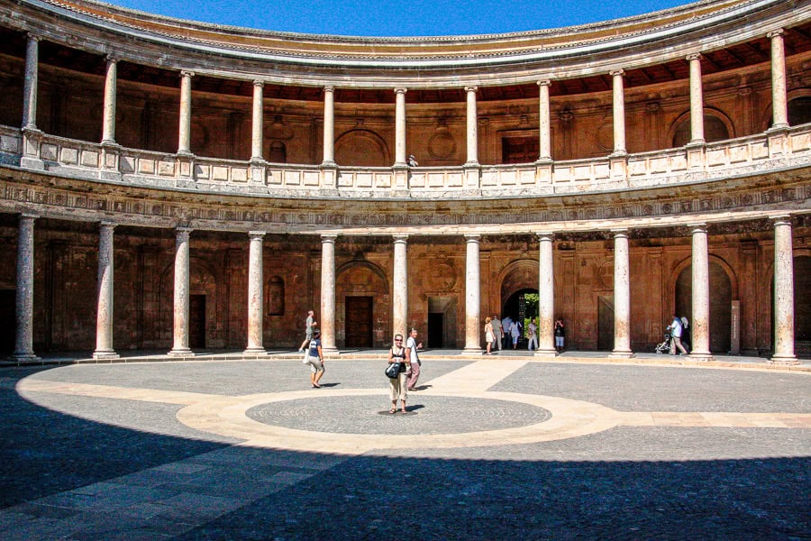 The beautiful colonnaded courtyard of the Palace of Charles V at the Alhambra.