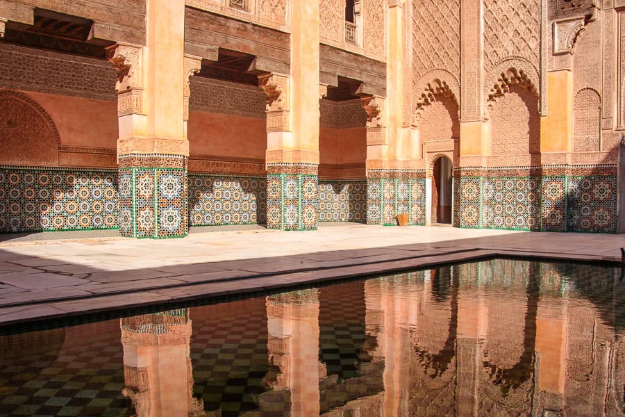 The ornate central courtyard at Ben Youssef Madrasa with its reflecting pool was a highlight of our three days in Marrakech.