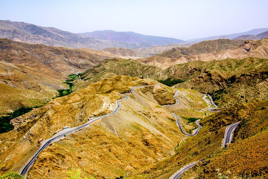 A road winds through the Atlas Mountains near Marrakech.