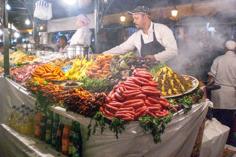 A colourful food stall in Djemaa-el-Fnaa Square – eating here was one of our favourite things to do in Marrakech.