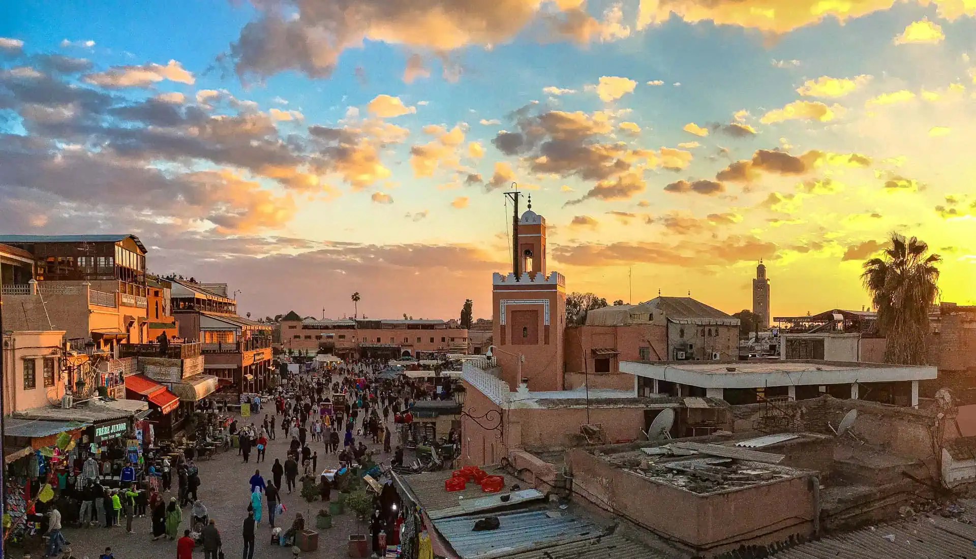 Enjoy stunning sunsets overlooking Djemaa el-Fna as the city lights up – one of the best things to do in Marrakech.