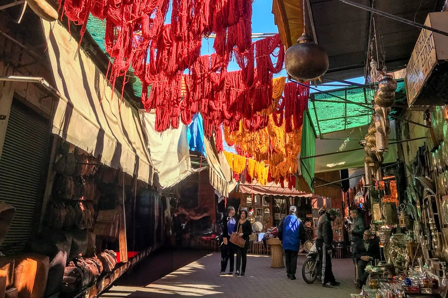 A vibrant, bustling, colourful souk in the Medina of Marrakech.