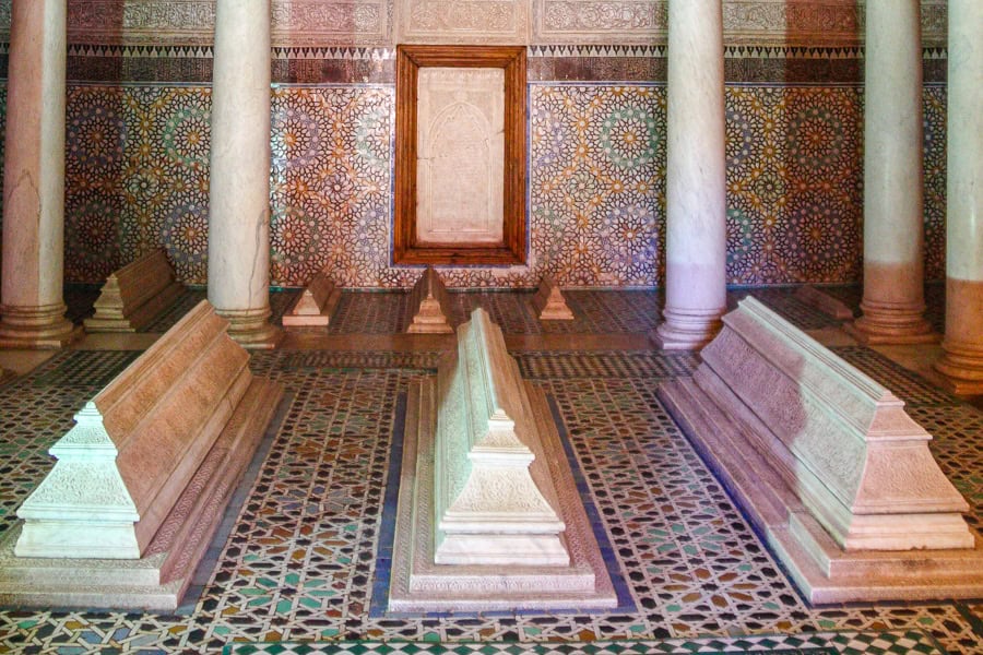 The intricate zellige tilework in the Chamber of the Twelve Pillars at the Saadian Tombs, a popular Marrakech attraction.