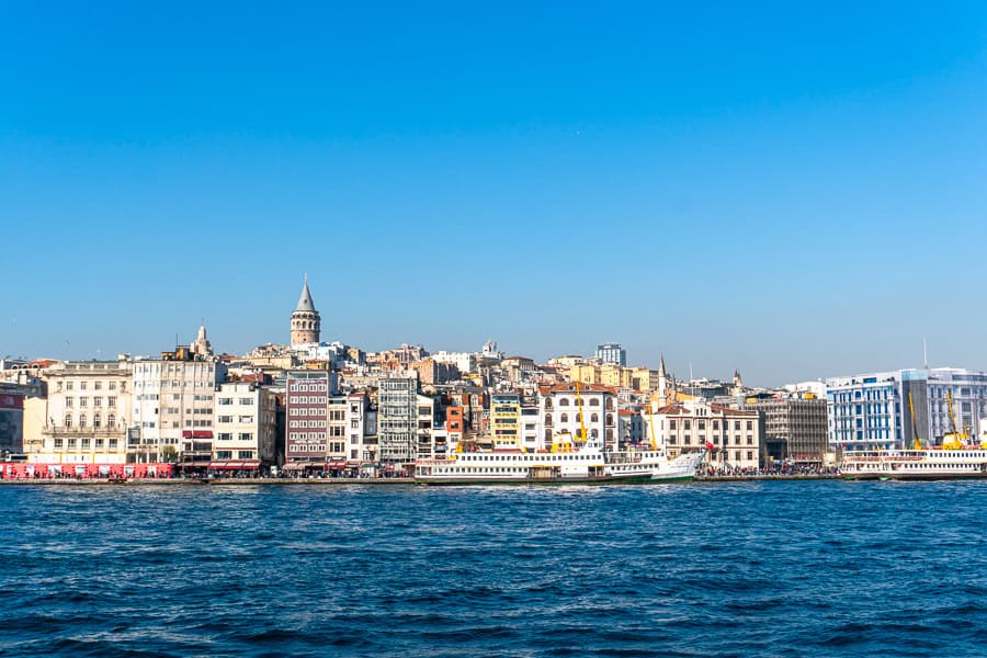 Views towards Galata Tower in Istanbul from the water.