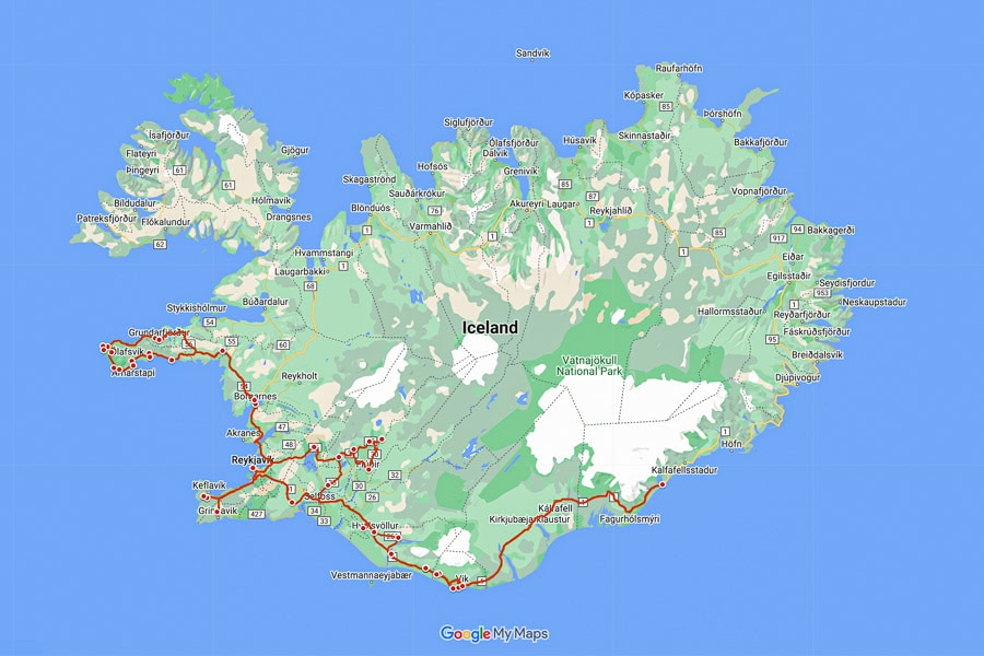 Self drive Iceland road trip map focussing on the south and south-west of the country.