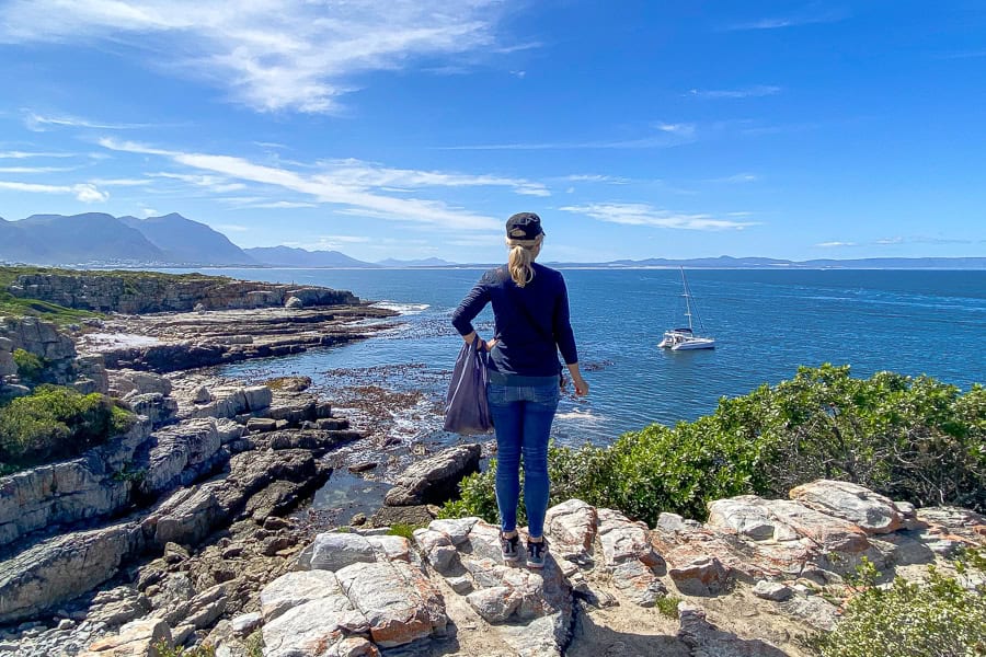 Looking for whales from the cliff top walk in Hermanus, one of the best day trips from Cape Town.