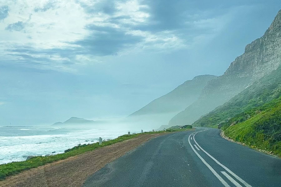 Driving towards the aptly named Misty Cliffs on the penultimate day of our 7 day Cape Town itinerary.