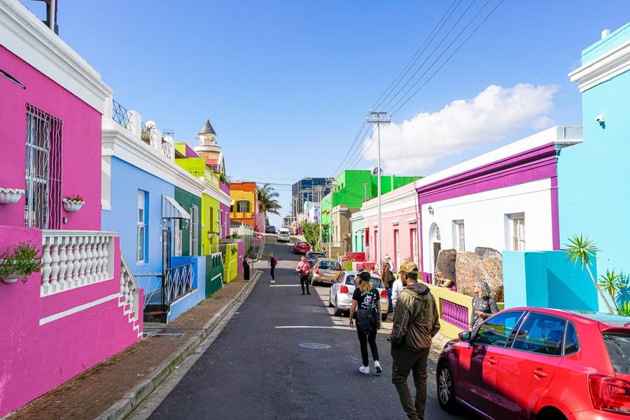 A vividly colourful street in Bo Kaap – a highlight of our Cape Town travel itinerary.