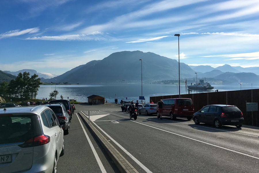 Cars queue for the Lysefjord ferry, one of the most picturesque car ferries in Norway.