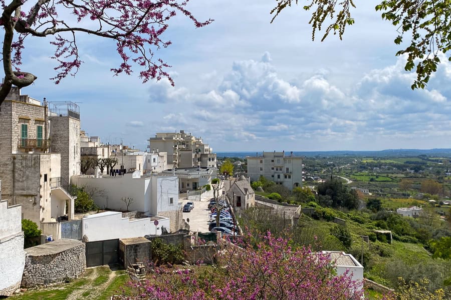 A view of white buildings and green farmland; a typical scene when you road trip Puglia.