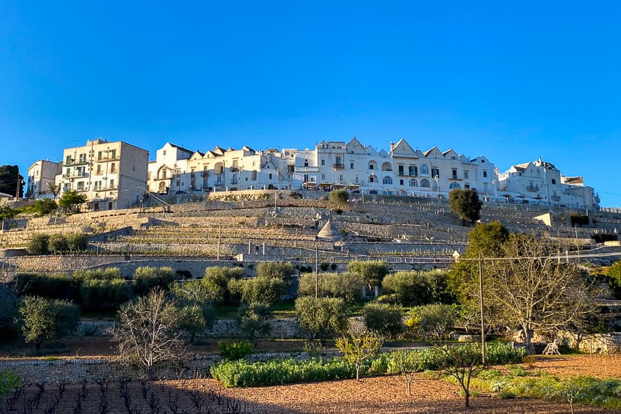 White buildings curve around the top of a hill above stone terraces in Locorotondo on a Puglia road trip.