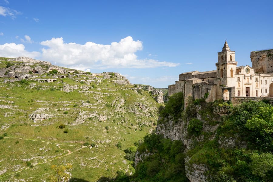 A church sits on the canyon edge at Matera.