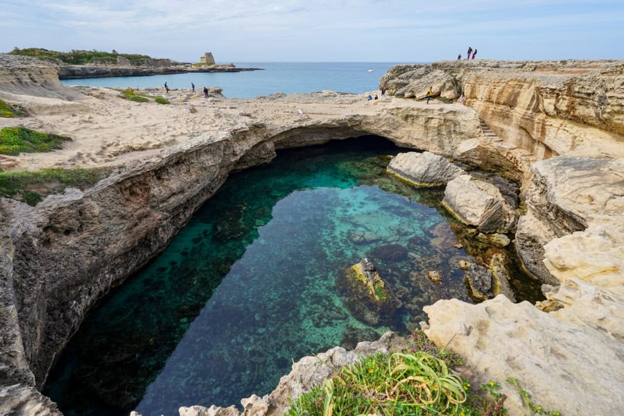 A large sinkhole with clear water by the sea, the Cave of Poetry site is one of the more intriguing things to do in Puglia.