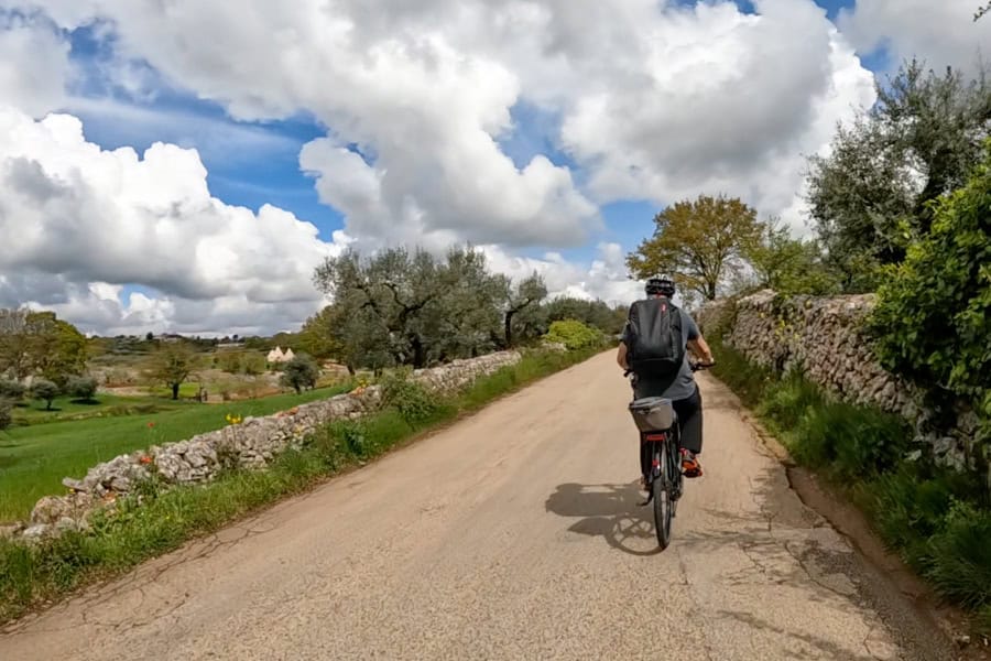 A man rides a bike along a country road with olive trees on both sides in the Valle d’Itria on a Puglia trip.