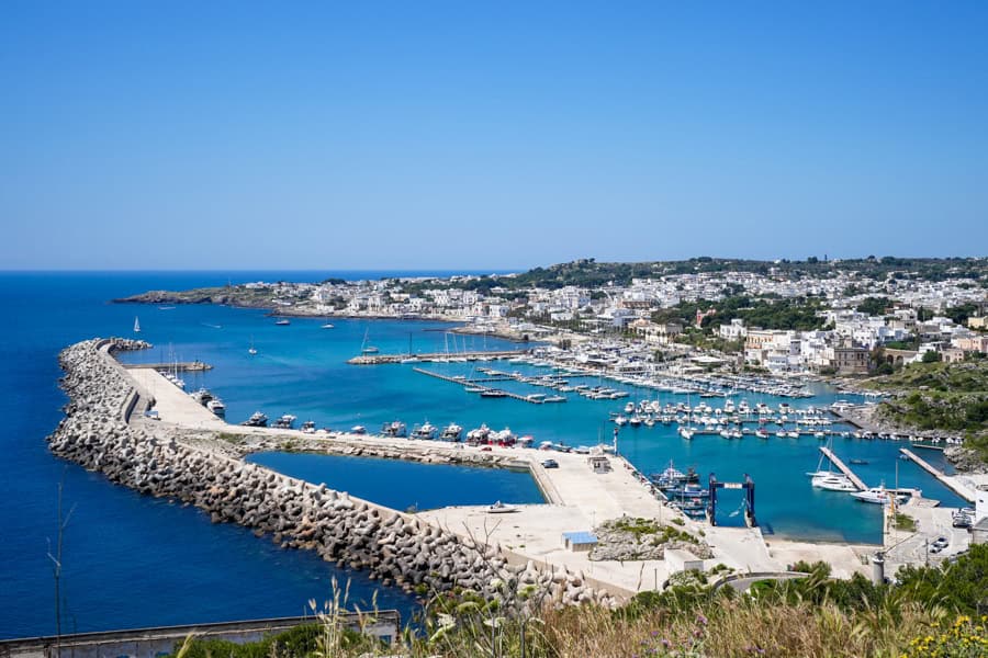 View over Leuca, with boats in the marina and buildings in the background.