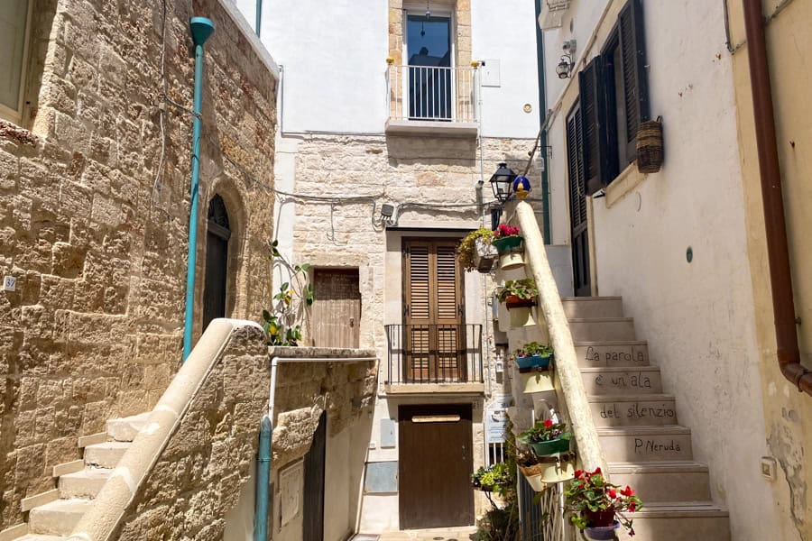 A staircase decorated with flower pots and a poetry quote in Italian written on the steps.