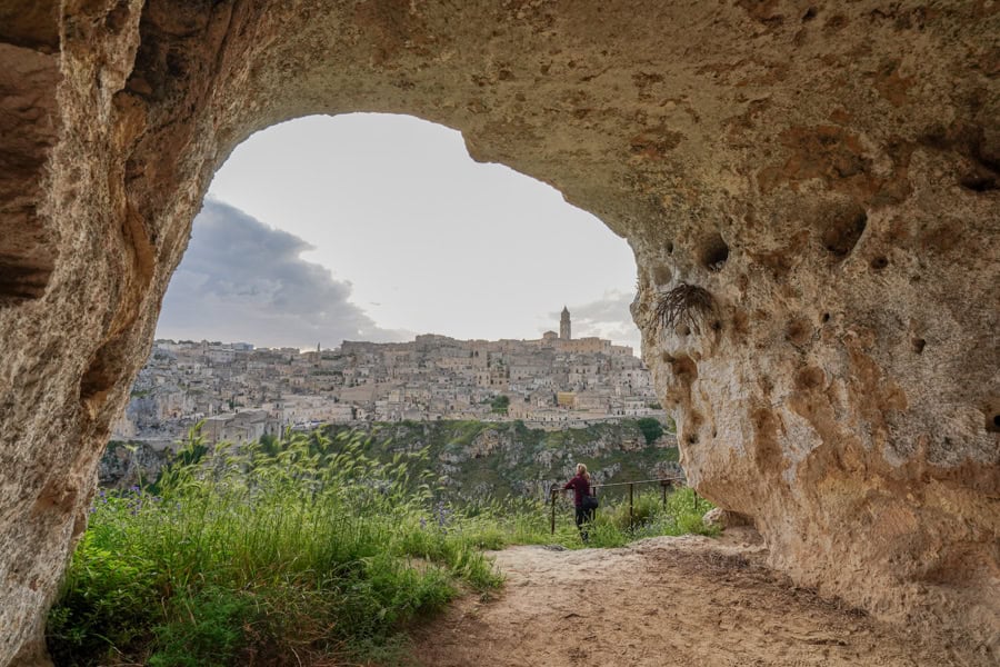 Looking out of a cave towards the city of Matera, highlight of a Puglia visit. 